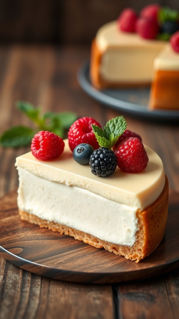 A slice of vegan cheesecake with berries on top, displayed on a rustic wooden table.